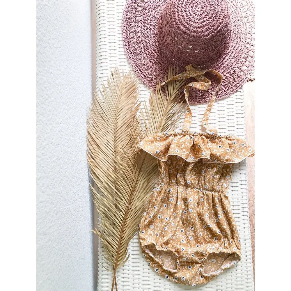 EUC Crew & Lu Golden Floral Flounce Top Playsuit Romper 12-18mths